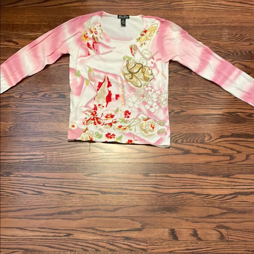 Katherine Barlay lightweight women’s beaded pink white long sleeve sweater Small